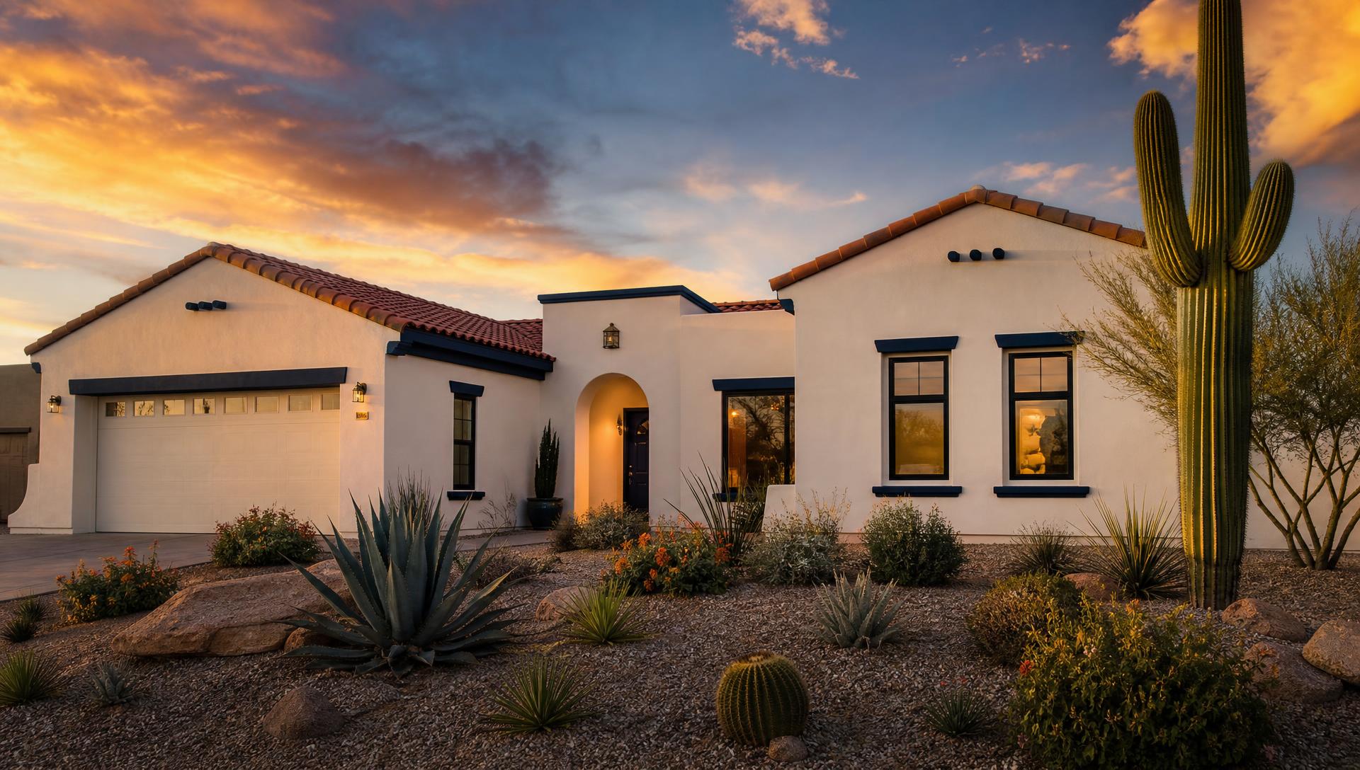 Freshly painted Tucson home with clean stucco exterior and desert landscaping